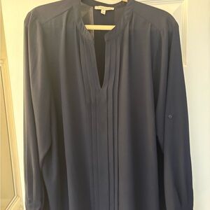 Elegant Navy Blouse Pleated V neck with roll tab sleeves